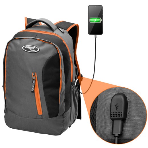 Sac à dos spacieux, moderne Gris et orange avec prise USB intégrée. 34 litres