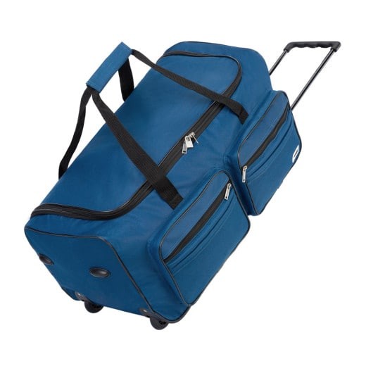 Sac de voyage moderne bleu. 85 litres. Robuste, spacieux et roulettes incluses