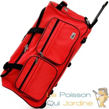 Sac de voyage moderne rouge. 85 litres. Robuste, spacieux et roulettes incluses