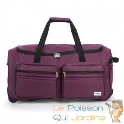 Sac de voyage moderne violet. 160 litres. Robuste, spacieux et roulettes incluses