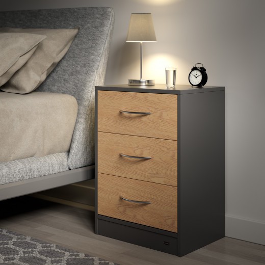 Table de chevet (de nuit) Moderne gris/bois 54 x 39 x 28cm 3 grands tiroirs