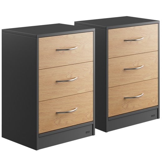 Lot de 2 Tables de chevet (de nuit) Moderne gris/bois 54 x 39 x 28cm 3 grands tiroirs
