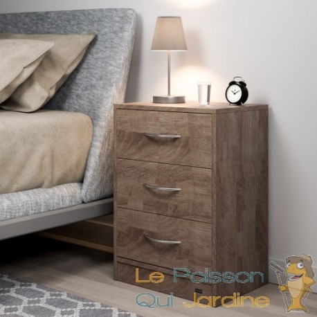 Table de chevet (de nuit) Moderne couleur chêne 54 x 39 x 28cm 3 grands tiroirs