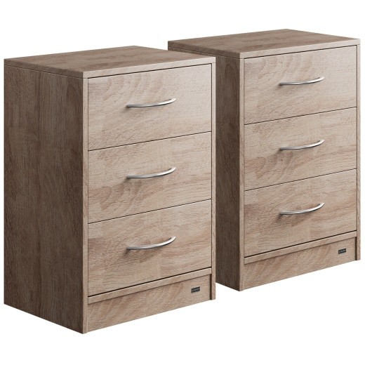 Lot de 2 Tables de chevet (de nuit) Moderne couleur chêne 54 x 39 x 28cm 3 grands tiroirs