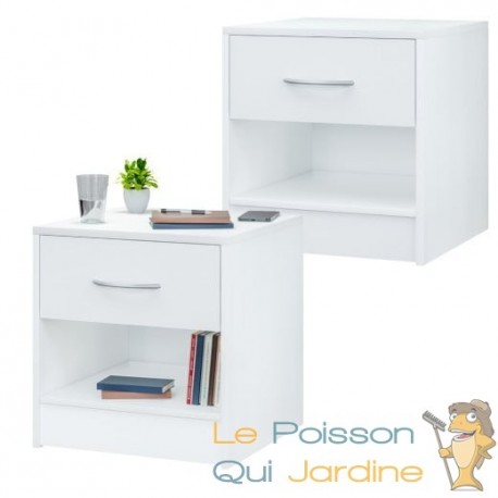 Lot de 2 Tables de chevet (de nuit) 1 Tiroir et 1 espace large Blanc 40 X 50 X 35 cm