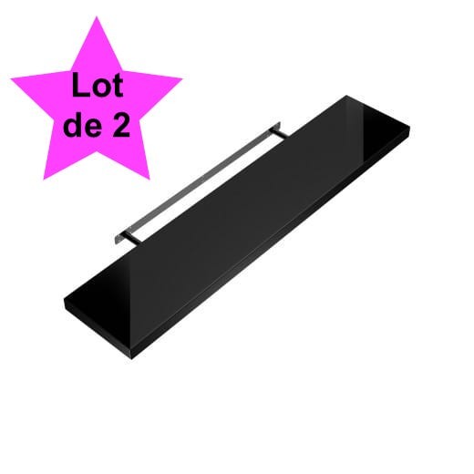 Lot de 2 Étagères murales flottantes 90 cm en MDF Noir Brillant. Tablette à fixer au mur