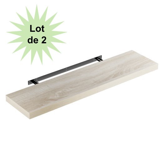 Lot de 2 Étagères murales flottantes 90 cm en MDF chêne clair. Tablette à fixer au mur