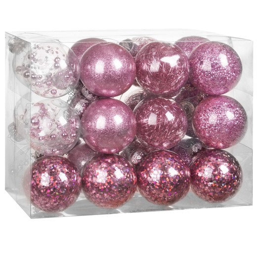 24 Boules de Noël Rose Pailleté 7 cm pour décorer votre sapin de Noël