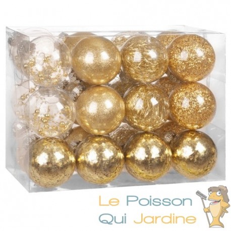 24 Boules de Noël Or Pailleté 8 cm pour décorer votre sapin de Noël