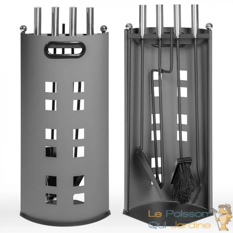 Serviteur de cheminée Set de 4 ustensiles pour cheminée Set de cheminée de  haute qualité composé de 4 pièces : balai, pelle, tisonnier, pince, support  en acier, anthracite