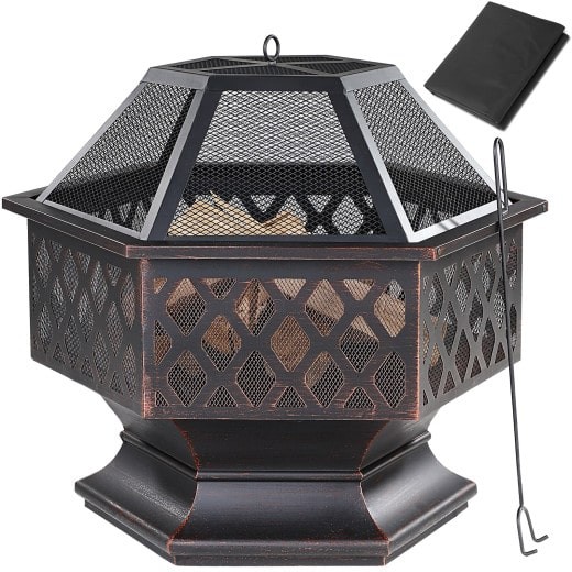 Braséro de jardin hexagonal 70 cm imitation bronze. Idéal Terrasse. Avec accessoires couvercle