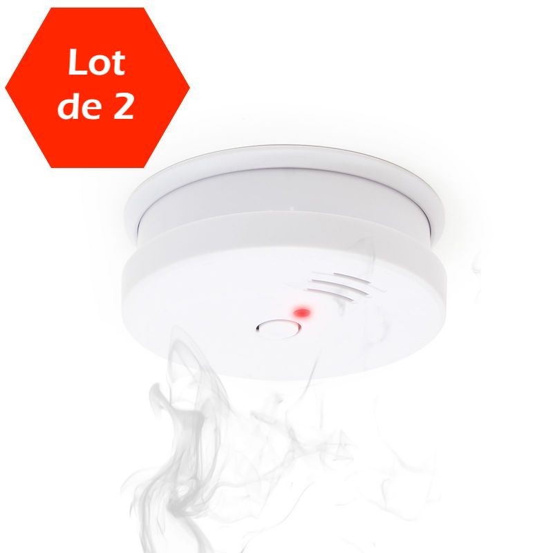 Lot de 2 Détecteurs de fumée + Pile 9V. Alarme Incendie Certifiée Normes Européennes