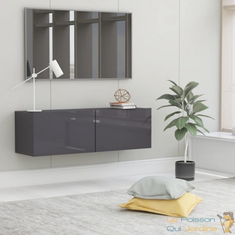 Meuble TV 2 Tiroirs : 100 X 30 X 30 Couleur Gris Brillant. A suspendre au mur