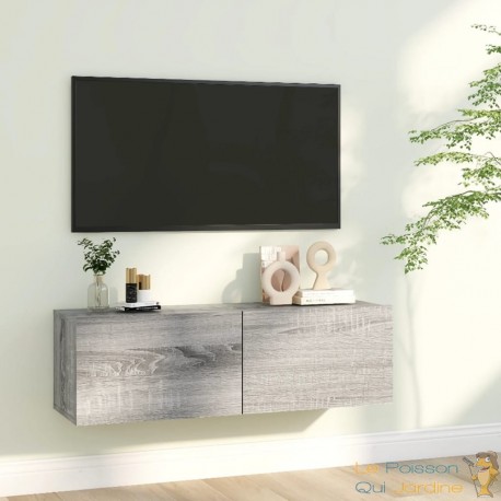 Meuble TV 2 Tiroirs : 100 X 30 X 30 Couleur Chêne Gris. A suspendre au mur
