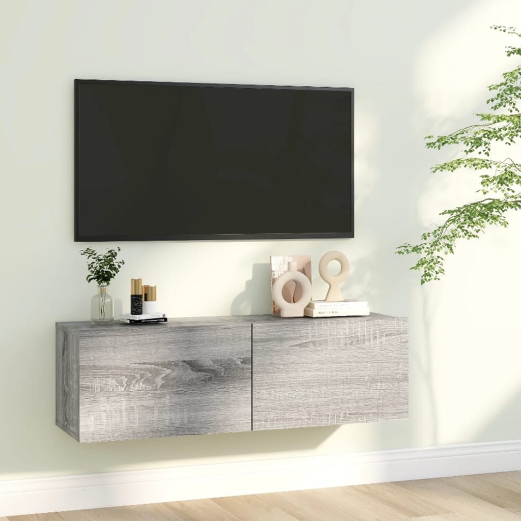 Meuble TV 2 Tiroirs : 100 X 30 X 30 Couleur Chêne Gris. A suspendre au mur