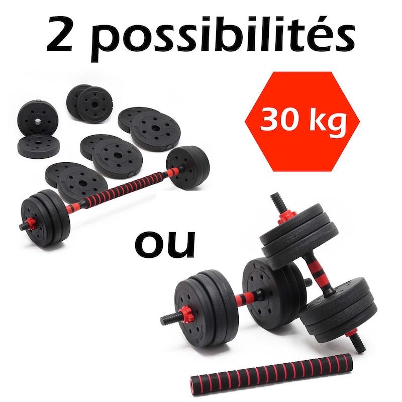 2 haltères Musculation 30 kg. 16 disques 2 en 1, Haltères courtes et longues