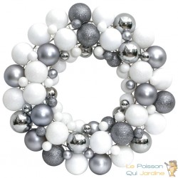 Couronne de Noël 45 cm Blanc et Gris. Fabriquée en boules de Noël Incassables