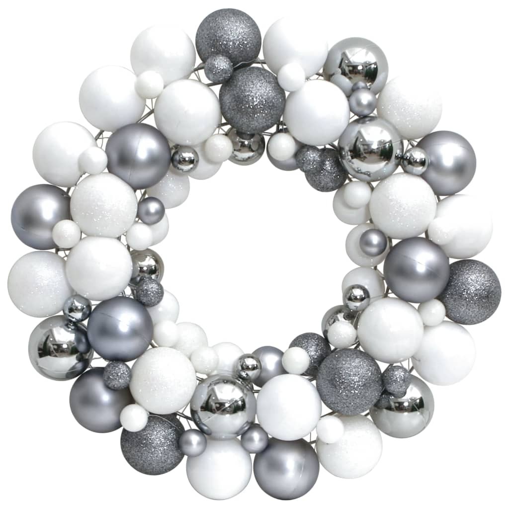 Couronne de Noël 45 cm Blanc et Gris. Fabriquée en boules de Noël Incassables