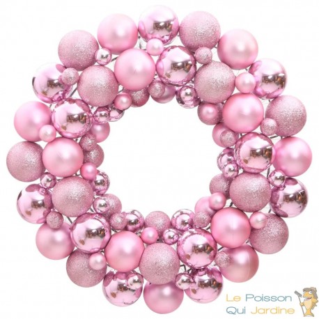 Couronne de Noël 45 cm Rose. Fabriquée en boules de Noël Incassables