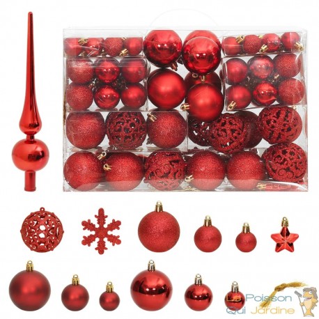 111 Boules de Noël Couleur ROUGE + étoiles + flèche pour sapin de Noël