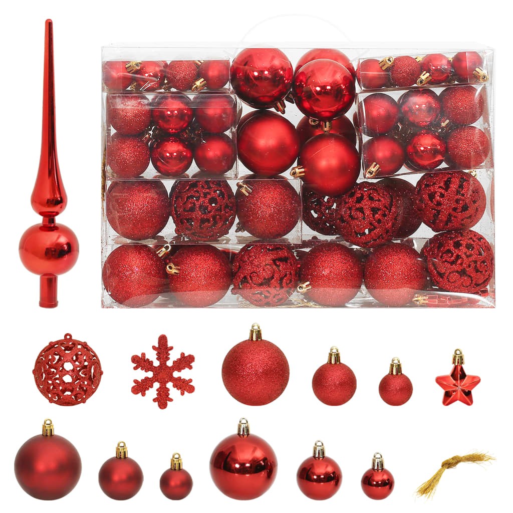 111 Boules de Noël Couleur ROUGE + étoiles + flèche pour sapin de Noël
