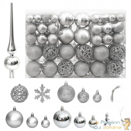 111 Boules de Noël Couleur Argent + étoiles + flèche pour sapin de Noël