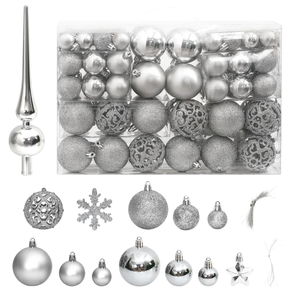 111 Boules de Noël Couleur Argent + étoiles + flèche pour sapin de Noël
