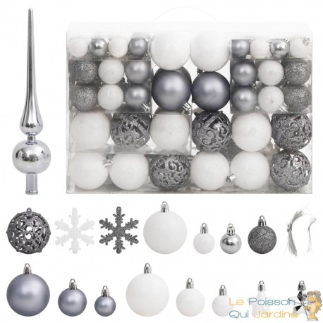 111 Boules de Noël Couleur Gris et Blanc + étoiles + flèche pour sapin de Noël