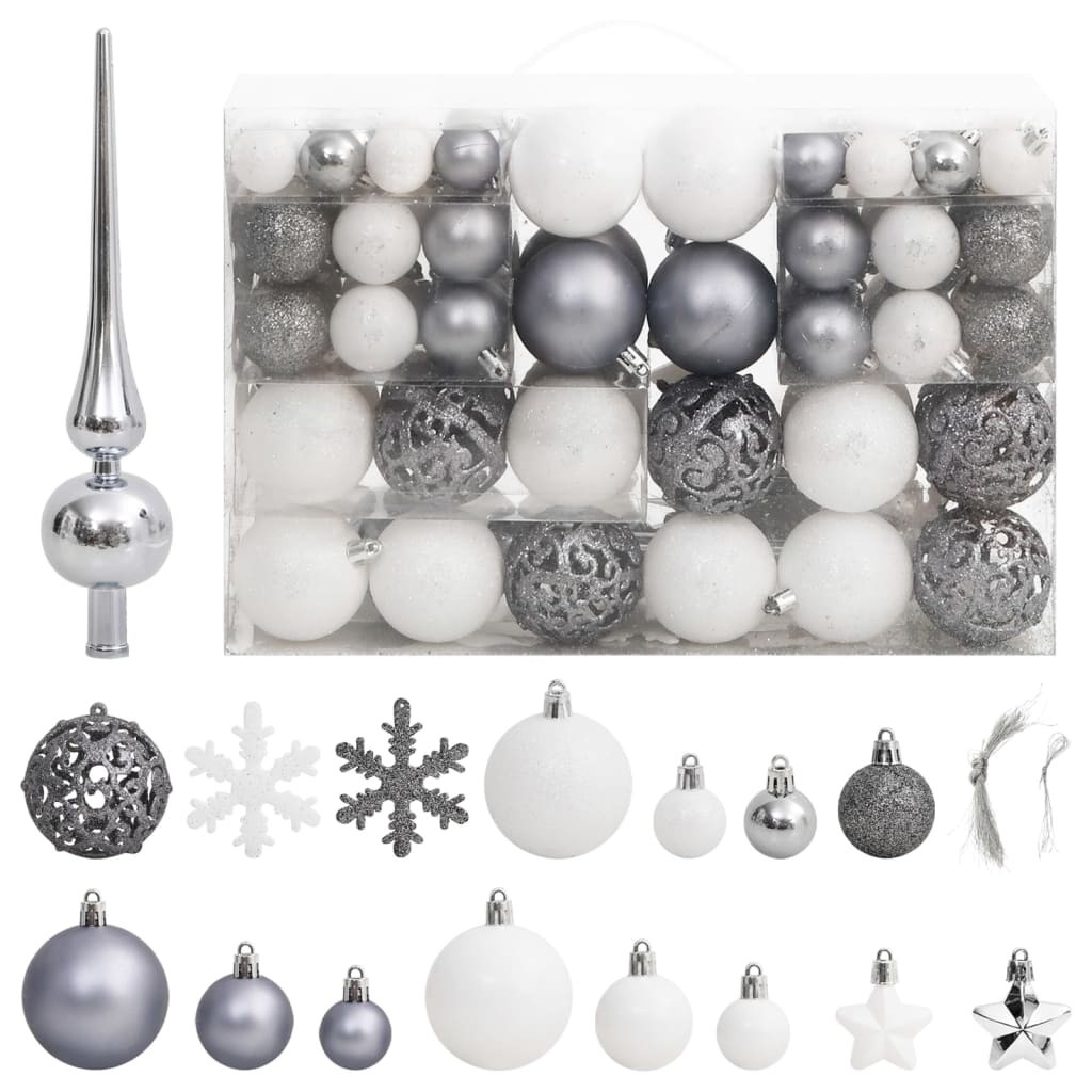 111 Boules de Noël Couleur Gris et Blanc + étoiles + flèche pour sapin de Noël
