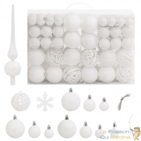 111 Boules de Noël Couleur Blanc + étoiles + flèche pour sapin de Noël