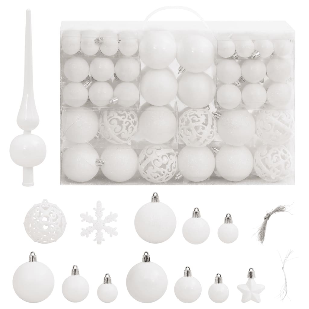 111 Boules de Noël Couleur Blanc + étoiles + flèche pour sapin de Noël
