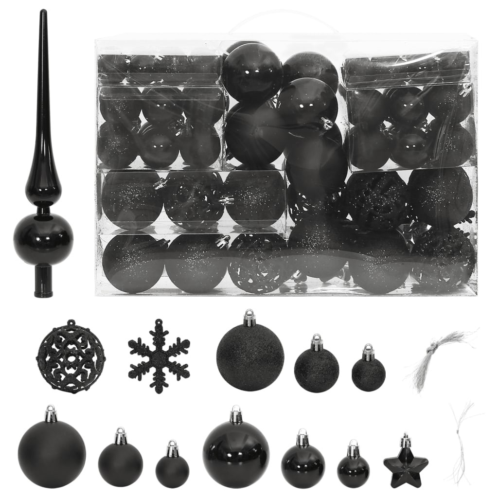 111 Boules de Noël Couleur Noir + étoiles + flèche pour sapin de Noël