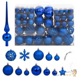 111 Boules de Noël Couleur Bleu + étoiles + flèche pour sapin de Noël
