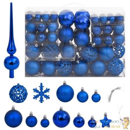 111 Boules de Noël Couleur Bleu + étoiles + flèche pour sapin de Noël
