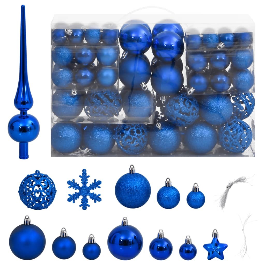 111 Boules de Noël Couleur Bleu + étoiles + flèche pour sapin de Noël