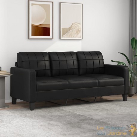 Canapé ou Sofa 3 Places 180 cm Simili Cuir Noir. Avec Pied en bois. Confort et qualité