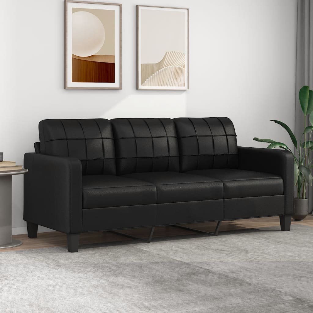 Canapé ou Sofa 3 Places 180 cm Simili Cuir Noir. Avec Pied en bois. Confort et qualité
