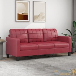 Canapé ou Sofa 3 Places 180 cm Simili Cuir Bordeaux. Avec Pied en bois. Confort et qualité