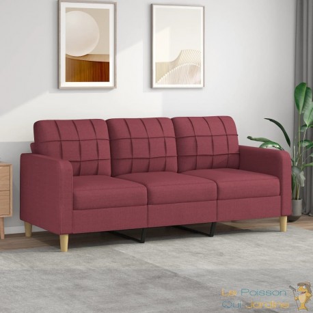 Canapé ou Sofa 3 Places 180 cm Tissu Bordeaux. Avec Pied en bois. Confort et qualité