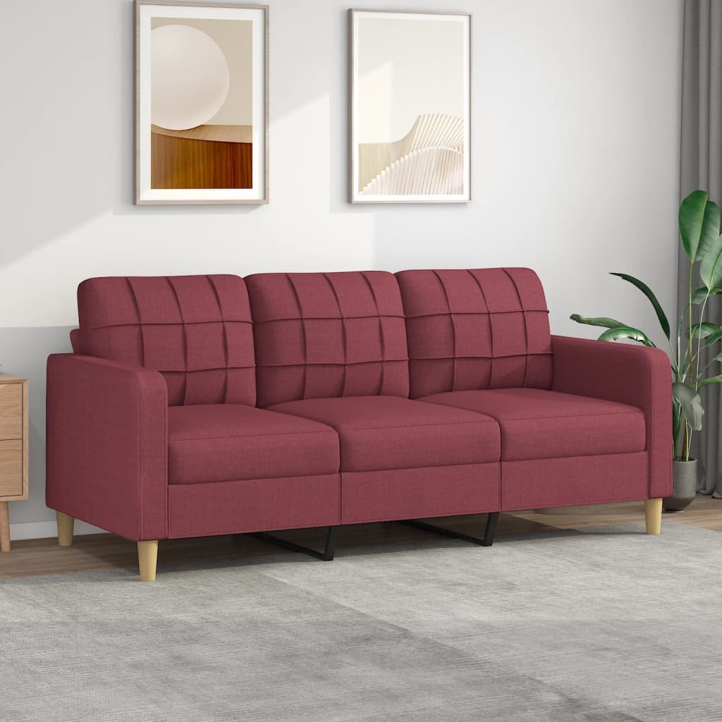 Canapé ou Sofa 3 Places 180 cm Tissu Bordeaux. Avec Pied en bois. Confort et qualité