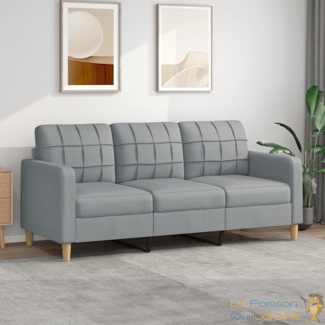 Canapé ou Sofa 3 Places 180 cm Tissu Gris. Avec Pied en bois. Confort et qualité