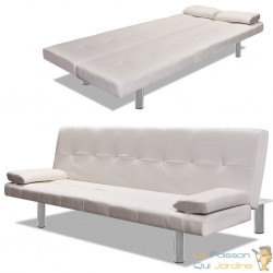 Canapé Lit ou Sofa Lit SimiliCuir Blanc. Avec 2 Coussins. Canapé Convertible