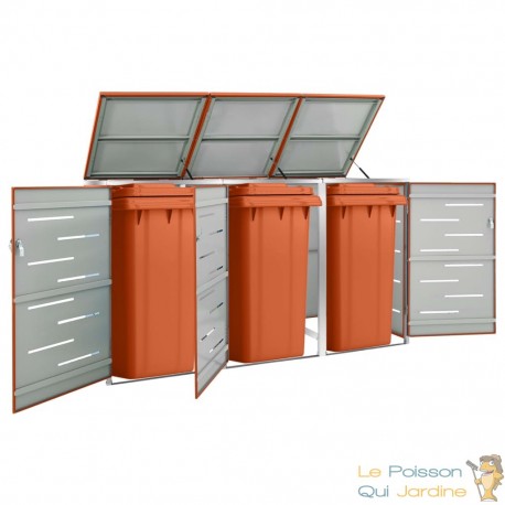 Cache 3 Poubelles Moderne Orange 115 cm de hauteur. Idéal container sur roulette