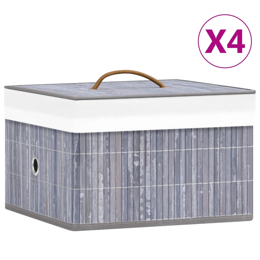 4 Boîtes de Rangement Grises. Mignonnes et Discrètes. Bambou et Tissu