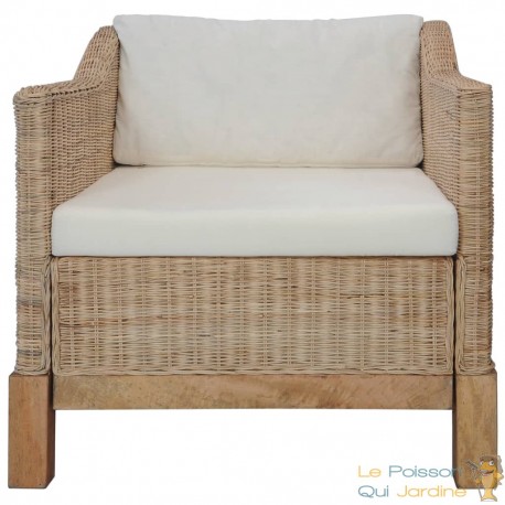 Fauteuil de Salon ou Véranda en Rotin Naturel et Coussins Blancs