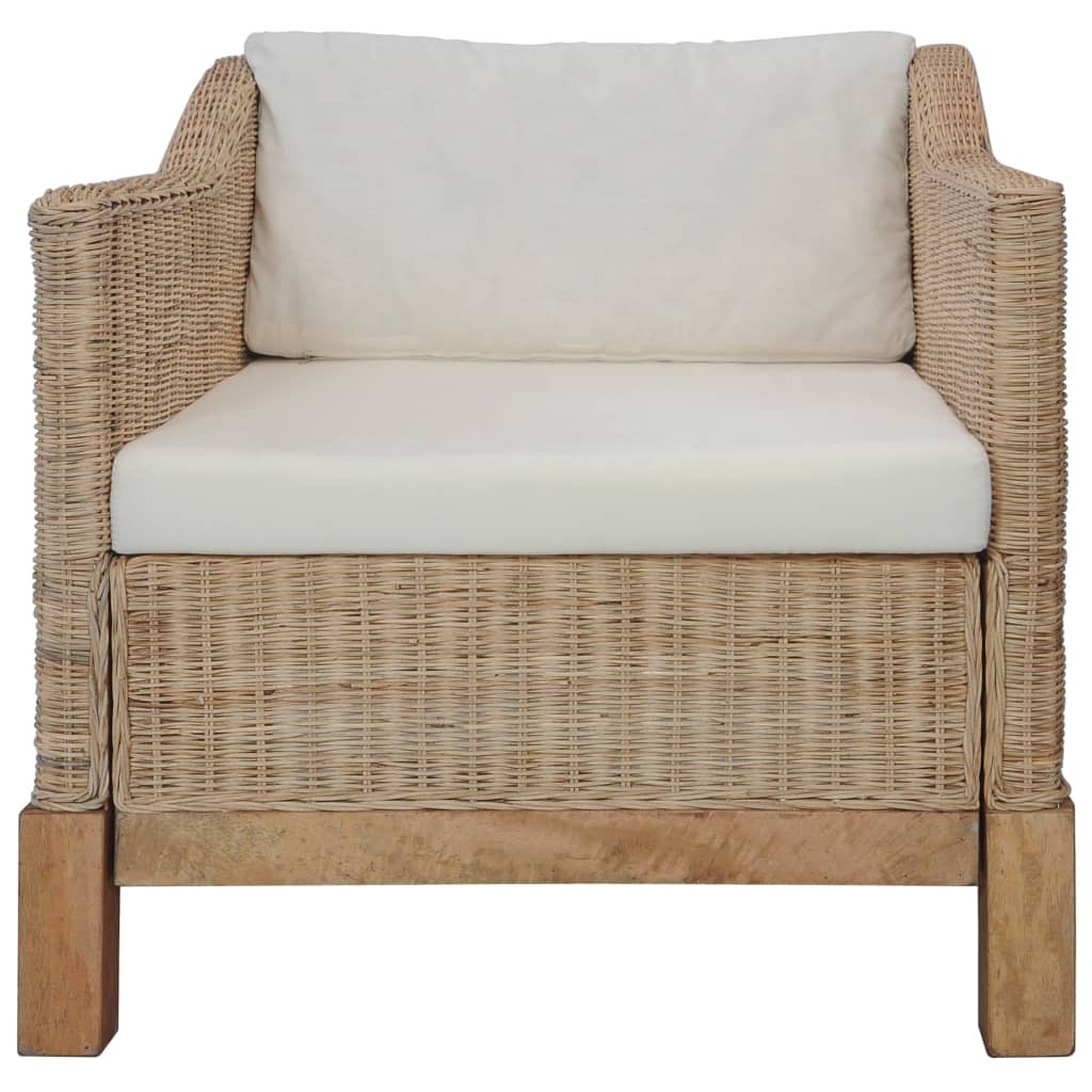 Fauteuil de Salon ou Véranda en Rotin Naturel et Coussins Blancs