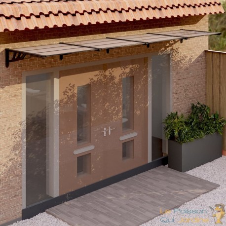 Auvent de Porte 396 cm de long. Brun. Idéal Pluie, Neige et Ombrage. Polycarbonate