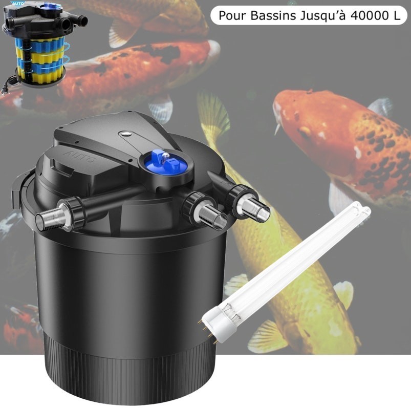 Filtre Bassin De Jardin Sous Pression, UV 36W, + Ampoule de remplacement Max 40000 Litres. Modèle Premium