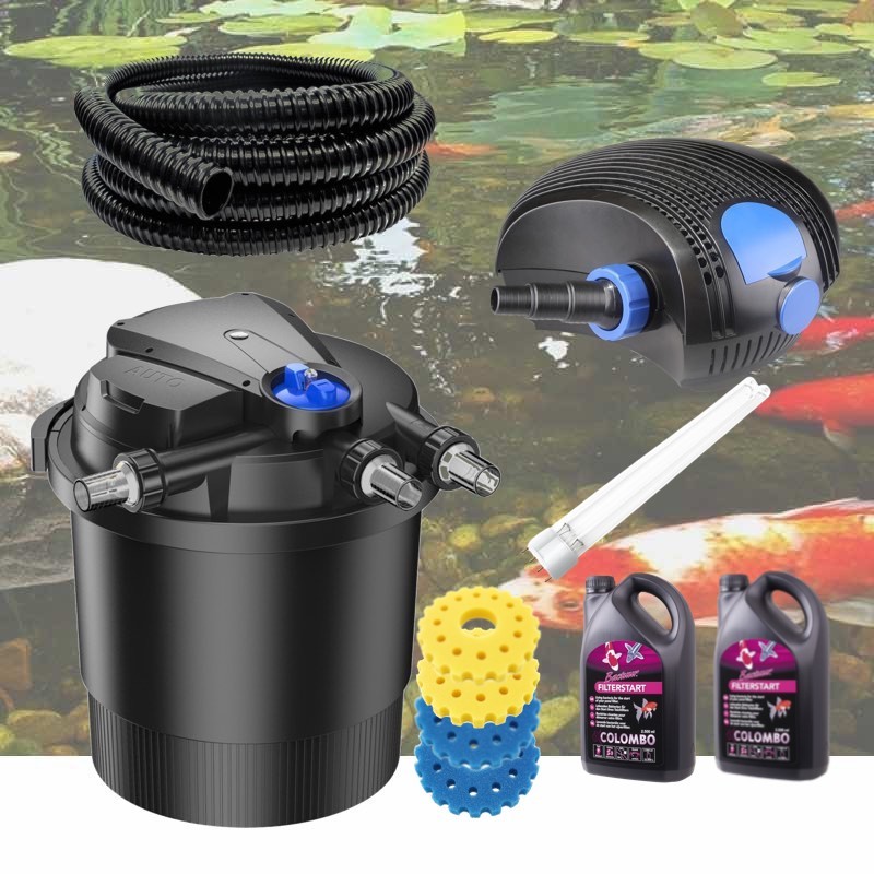 Kit Filtre Pression Bassin UV 36W, Ampoule, bactéries et mousses de remplacement, Pompe, Tuyau 40000 L.
