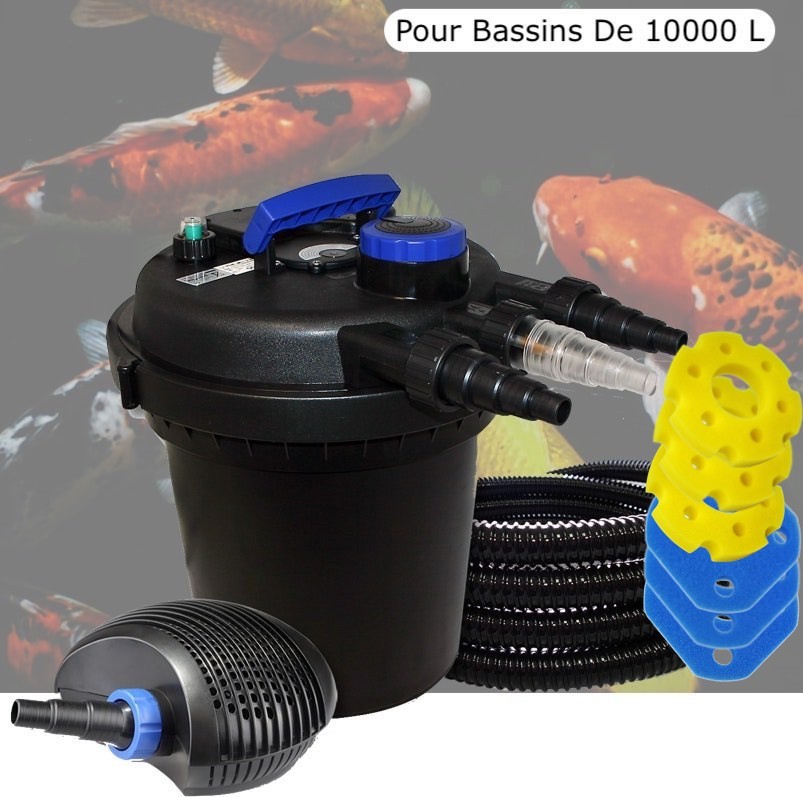 Kit Filtre Pression, 11W,Bassins De 10000 L + Éponges de rechange, Pompe 6000 L/h